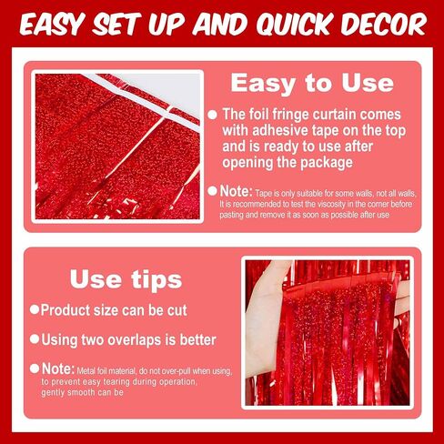 3 Pack Red Foil Fringe Curtains Backdrop, 3.28 x 8.2 Ft Metallic Streamers Tinsel Curtains Background for Photo Booth, Birthday, Christmas, Halloween, Thanksgiving, New Year Party Decorations in Saudi Arabia