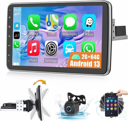 CAMECHO 2+64G 10.1" Rotatable Single Din Car Stereo with Wireless CarPlay Wireless Android Auto, Android 13 Radio Touchscreen Car Radio with Bluetooth, GPS, WiFi, Bluetooth, FM/RDS + Rear Camera + MIC in Saudi Arabia