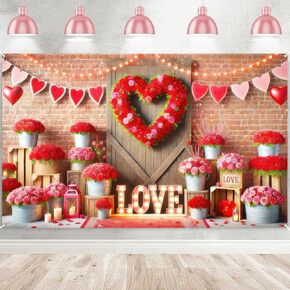 Happy Valentines Day Backdrops Brick Wall Rose Flower Wreath Love Heart Door Photography Background Valentine's Banner for Indoor Outdoor Wedding Party Decorations Photo Booth Props 70x43in