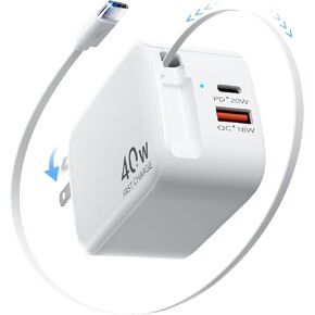 3 في 1 شاحن حائط ، كتلة شاحن سريعة 40W قابلة للسحب مع كابل من النوع C ومنفذ USB ، محول شحن سريع محمول مع قابس قابل للطي لـ iPhone 16/15 ، iPad Pro 13،12.9،11 بوصة ، Galaxy ، Pixel