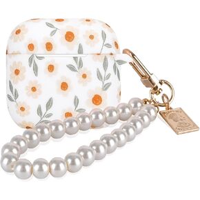 CameCosy Compatible for AirPods 4td Generation Case for Women with Little White Flowers Design, Soft TPU Shockproof Protective Skin Cover for Airpods 4 Gen with Pearl Bracelet Keychain