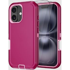 Designed for iPhone 16 Plus Case, Military Grade 3-Layers Shockproof Dropproof Hybrid Cell Phone Cover with Screen Protectors X2, Full-Body Protective Case for Apple iPhone 16 Plus (Wine)