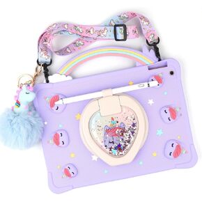 [Super Cute Rainbow Handle Unicorn Case] Compatible with iPad Mini 6th Generation 2021 (8.3 Inch) Pop it Case Cover for Kids Girls with Hand Strap and 360° Rotating Stand - Purple