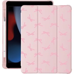 Cute Kawaii Pink Bow for iPad 7th/8th/9th Generation Case with Pencil Holder, Auto Sleep/Wake, Pink Leather Soft TPU Back Cover for iPad 10.2 Inch 2019/2020/2021