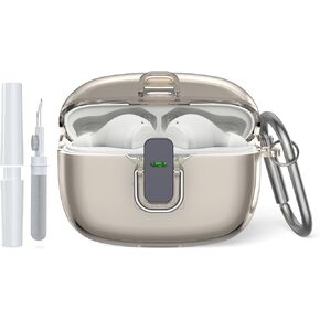 for JBL Vibe 200TWS Case/JBL Vibe Beam Secure Lock Case Cover with Cleaner Kit, TPU Protective Case with Carabiner for JBL Vibe 200TWS/JBL Vibe Beam Charging Case (Clear Grey), PEI-D46-1
