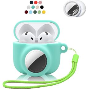 2 in 1 Silicone Case Compatible with AirPod 4 and AirTag,Anti-Scratch Anti-Lost Protective Skin Cover for AirPods 4th Generation with 2 PCS TPU Screen Protector&Lanyard