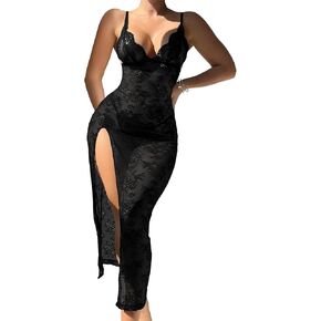 Sexy Split Leg Wireless Sheer Floral Lace Maxi Lingerie Dress with Thong 2 Piece