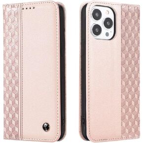 iPhone 15 Pro Case, Premium Premium PU Leather Wallet Case Card Holder Kickstand Built-in Magnetic Closure Plaid Pattern Flip Folio Phone Cover for iPhone 15 Pro - Rose Gold