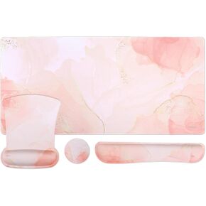 MOSISO Keyboard Mouse Pad Set, Large Gaming Mousepad&Keyboard Wrist Rest&Mouse Pad with Wrist Rest&Coaster, Ergonomic Non-Slip Mousepad with Raised Memory Foam for Home Office, Pink Quicksand Marble