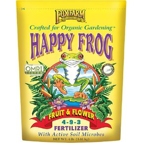 Fox Farm Frog Happy Frog Fruit & Flower Framizer-مزيج عضوي للفواكه الوفيرة والزهور النابضة بالحياة ، والأسمدة الفوسفورية مع الفطريات الفطرية ، NPK 4-9-3 ، (كيس 4 رطل)