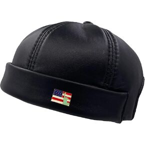 Mens Leather Docker Cap Brimless Hats Skullcap Worker Sailor Cap Rolled Cuff Retro Beanie Hat Black