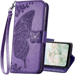 for Galaxy A03S Phone Case Wallet,Butterfly Embossed PU Leather Flip Cover Card Holder Slots with Wrist Strap Purse Case,Purple