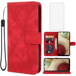 Case for Galaxy A12/Galaxy M12/Galaxy F12 SM-A125U Wallet Case with Tempered Glass Screen Protector, Skin Feel Leather Flip Credit Card Holder Stand Phone Cover for Samsung Galaxy A12 Red