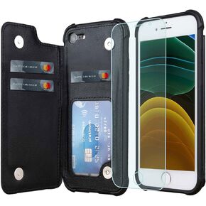VANAVAGY Compatible for iPhone SE2/SE3 2022/2020 Case, Fits with iPhone 8/7 Wallet Case, Faux Leather Flip Folio Phone Cover Fits Magnetic Car Mount with Credit Card Holder and RFID, Black