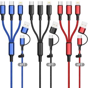Multi Charging Cable (3Pack 4FT) 3 in 1 Charger Cable Nylon Braided Universal Charging Cord 6 in 1 USB A/C to USB C/Micro/iOSPort Connector Multiple Charger Cord for Phones Tablets Galaxy and More