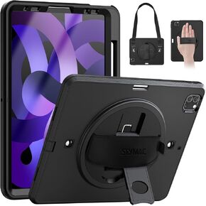 SEYMAC for iPad Air 5th/4th Generation Case 10.9 Inch 2022/2020, Full Protection Shockproof Case with Screen Protector, Rotating Stand, Hand/Shoulder Strap and Pen Holder for iPad Air 5/Air4, Black