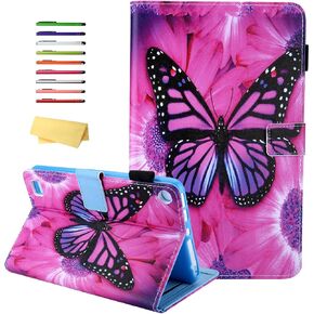 All-New Amazon Kindle Fire 7 Tablet Case (9th/7th/5th Generation, 2019/2017/2015 Releases), Smart Stand PU Leather Cover with Card Pocket Pencil Holder [Auto Sleep/Wake], Red Butterfly Flower