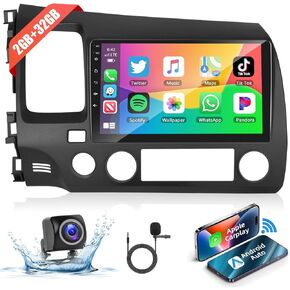 Podofo 2+32G Car Stereo for Honda Civic 2006 2007 2008 2009 2010 2011 with Wireless Carplay Android Auto,9 Inch Touch Screen Car Radio with Bluetooth,Mirror Link,GPS,WiFi,SWC+AHD Backup Camera+MIC