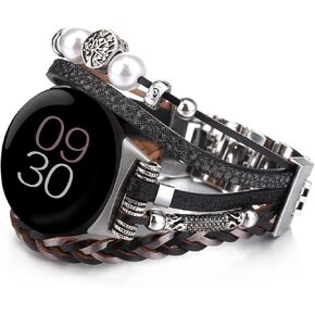 Leather Bands Compatible with Google Pixel Watch 3 41mm/Pixel Watch 2/Pixel Watch 1 Band for Women Men, Adjustable Handmade Boho Jewelry Bracelet Multilayer Wrap Watch Strap for Google Watch (Black/Silver/Gold)