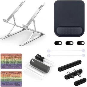 7-Piece Office Laptop Accessory Bundle: Laptop Stand, Ergonomic Mouse Pad, Cable Holder Clips, Webcam Covers, Screen Cleaner Spray, Keyboard Shortcut Stickers, and Magnetic Cords Organizers