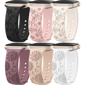 6 Pack Floral Engraved Silicone Bands Compatible for Apple Watch Band 38mm 40mm 41mm 42mm 44mm 45mm 46mm 49mm Women,Flower Sport Straps for iWatch Series 10 9 8 se Ultra 7 6 5 4 3 2