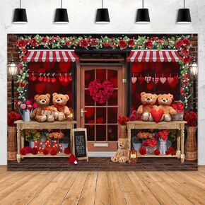 Aperturee Valentine Photography Backdrop 7x5ft Red Rose Love Heart Brick Wall Teddy Bear Shop Background Wedding Bridal Shower Photo Booth Studio Props Supplies Party Decoration Banner