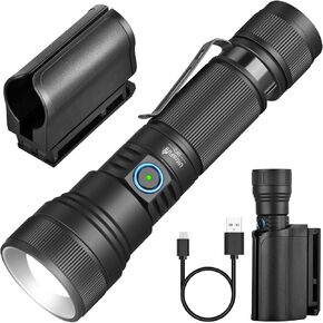 ULTRAFIRE Tactical Flashlight with Holster, 1500 High Lumen Duty Belt Flashlight Tactical Flashlight Holster, 5 Modes Zoomable Police Flashlight UF2