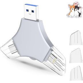 USB 3.0 Flash Drive 64gb for iPhone, 3in1 External Memory Picture Keeper Storage Stick for Photo, V6.59High Speed Thumb Drives for iPhone/iPad/Android/PC - Grayish-Blue