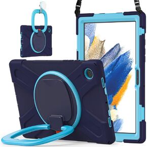 360 Rotation Case for Samsung Galaxy Tab A8 10.5" Sturdy Cover Rotate Ring Stand Shoulder Carrying Strap Hand Strap Rugged Children Adults Outdoor Case, Navy+Blue