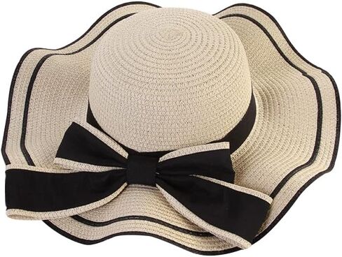 Women's Wide Brim Straw Hat, Summer Beach Sun Protection Hat Floppy Hat with Bowknot in Kuwait
