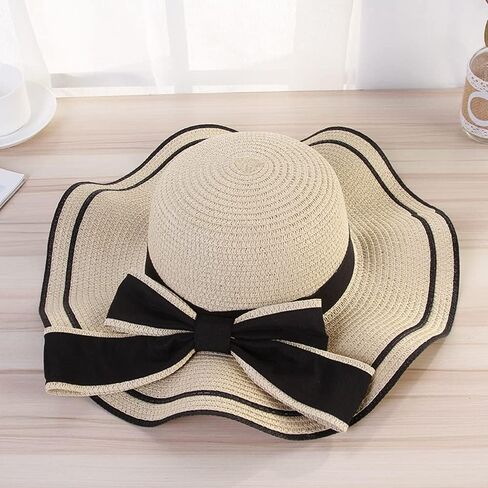 Women's Wide Brim Straw Hat, Summer Beach Sun Protection Hat Floppy Hat with Bowknot in Kuwait