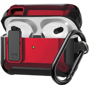 AirPods 3rd Generation Case with Lock Lid, Armor AirPod 3 Case Cover Full-Body Rugged Protective Case Shockproof Cover Men with Carabiner for Apple Airpods 3rd Gen Case-Black/Red