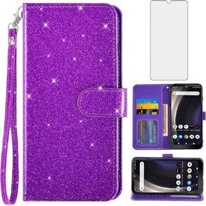 Asuwish Phone Case for Orbic Joy 4G RC608L with Tempered Glass Screen Protector Cover and Cell Accessories Card Holder Slot Kickstand Flip Folio Protective Hybrid Glitter Wallet 2022 Women Men Purple