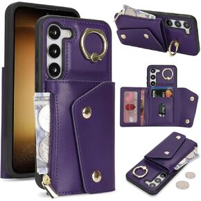 for Samsung Galaxy S23 Plus Case Wallet with Card Holder - Zipper Pocket,Credit Card Slots,RFID Blocking,Stand Ring,PU Leather Double Snap Cover for Women and Men(Dark Purple,6.6 Inch)