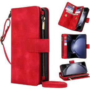 Asuwish Phone Case for Samsung Galaxy Z Fold 3 5G 2021 Wallet Cover and Zipper Card Holder Slot Kickstand Cell Accessories Wrist Strap Flip Folio Mobile ZFold3 Z3 Fold3 3Z ZFold35G G5 Women Men Red