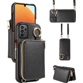 Wallet Case for Samsung Galaxy A32 5G 2021 6.5 inch with Shoulder Strap Ring Buckle, Zipper Flip Organ Purse, Credit Card Holder Stand Phone Cover for M32 G5 A 32 32A S32 SM-A326U A326U Black