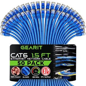 GEARit Cat 6 Ethernet Cable (50-Pack 1.5 Feet) Cat6 Network Patch, 10Gbps, RJ45, Snagless Cord, Gold-Plated Connectors, Internet for PC, TV, Tablet, Router, Printer, Servers, IT Data Center - Blue