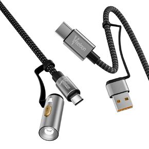 4 in 1 USB C Cable，60W Fast Charging Cable 2 FT,C to USB A/C Braided Multi Charger Power Cord with LED Flashlight for iPhone 16/iPad Air/Samsung/MacBook Pro, Outdoor/Travel Use