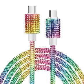 VOFUOE USB C to USB C Cable, Type C 60W Fast Charging Cable Bling Sparkling Diamond USB C Charging Cord for Women 4FT for iPhone 16/16 Pro/ 16 Pro Max, iPad 10th Generation, Galaxy S24-Rainbow