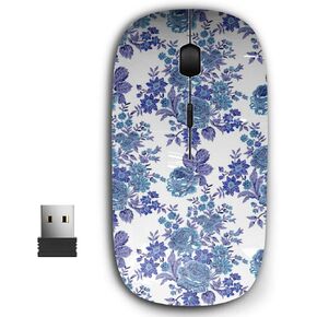 2.4G Ergonomic Portable USB Wireless Mouse for PC, Laptop, Computer, Notebook with Nano Receiver (Blue Embroidered Floral)