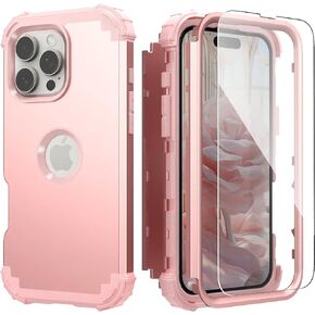 IDweel for iPhone 16 Pro Case with Screen Protector for Women, 3 in 1 Shockproof Slim Fit Hybrid Heavy Duty Hard PC Cover Soft Silicone Bumper Full Body Anti-Fingerprint Case, Rose Gold
