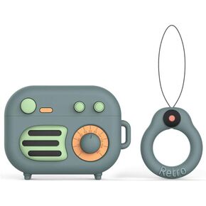 Compatible with Retro Radio AirPods Pro Case, Protective Silicone Retro Radio Skin for AirPod Pro Case Gramophone, Funny Kawaii Cute Fashion Cartoon 3D Cover for AirPods with Ring (Retro Green)