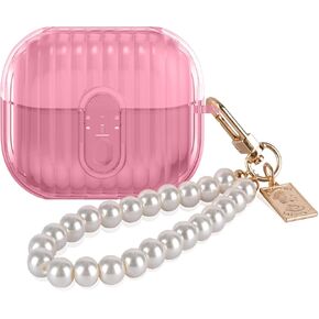 CameCosy Clear for Samsung Galaxy Buds 3/Galaxy Buds 3 Pro Case with Secure Lock Clip Shell Design, Soft TPU Bumper Shockproof Case Cover with Pearl Bracelet Keychain for Women (Pink)