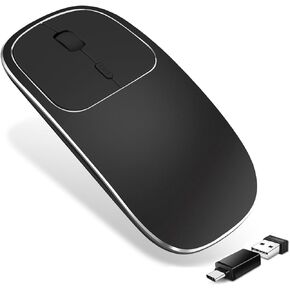 Rechargeable Wireless Mouse, Metal 2.4G Noiseless Silent Click Wireless Optical Mouse with USB Receiver, Compatible with Notebook, PC, Laptop, Computer, MacBook (Black)