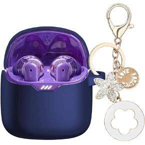 Case Cover Compatible with JBL Tune Flex Earbuds, Silicone Case with Bling Keychain Accessories Shockproof Protective Cover for Women Girl (Blue)