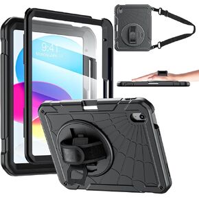 Case for iPad 10th Generation 10.9inch 2022, with Built-in Screen Protector and Kickstand, Hand Strap, Shoulder Strap (Black)
