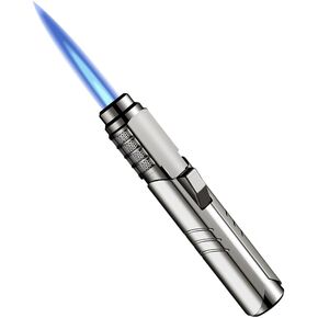 Butane Torch Windproof Blow Torch Lighter Strong Flame Refillable Butane Lighters with Flame Lock for Kitchen Outdoor BBQ Grill Firepit (Butane Not Included)(Black)
