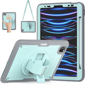 SEYMAC for iPad Pro 11 Inch Case 4th/ 3rd/ 2nd/ 1st Gen, Shockproof Protective Case with Screen Protector, 360° Rotating Hand Strap &Stand, Shoulder Strap for iPad Pro 11, Light Blue+Grey
