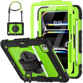 HXCASEAC Case for iPad Pro 11 inch 2024 (M4), Shockproof Design with Pencil Holder/Screen Protector/Rotating Hand Strap Stand, Protective Cover for iPad Pro11 5th Gen (A2836, A2837, A3006) - Green