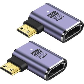 PNGKNYOCN 90 Degree 8K Mini HDMI Adapter,2-Pack 48Gbps Left Angle Mini HDMI Male to HDMI Female 2.1 Version Bidirectional Connector Support 8K@60Hz, 4K@120Hz, HDR, eARC （L